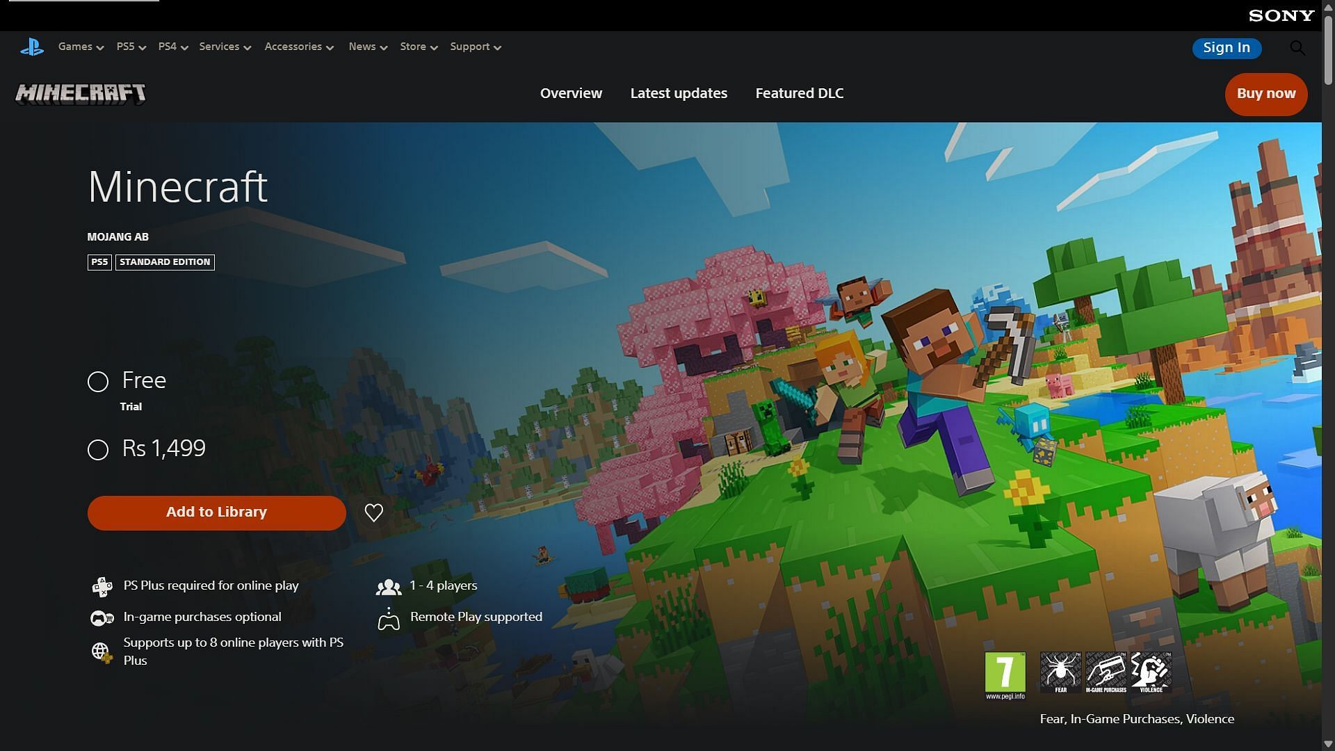 Minecraft on PlayStation website (Image via PlayStation)